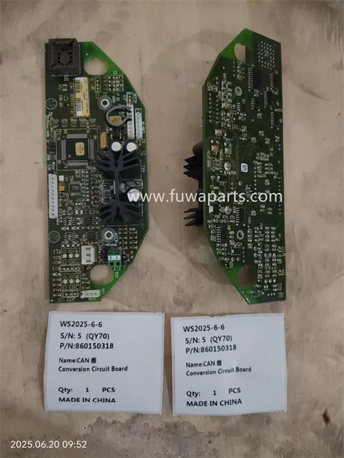 Front and back views of a green circuit board with labels