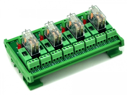 ELECTRONICS-SALON DIN Rail Mount Fused 4 DPDT 5A Power Relay Interface Module, G2R-2 24V DC Relay