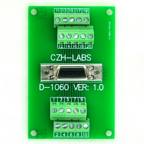 CZH-LABS 20-pin 0.05" Mini D Ribbon/MDR Female Breakout Board, SCSI, Terminal Module.