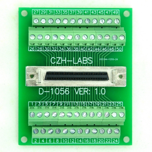 CZH-LABS 50-pin Half-Pitch/0.05" D-SUB Female Breakout Board, DSUB, SCSI, Terminal Module.