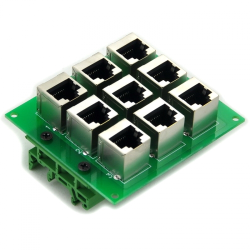 ELECTRONICS-SALON RJ45 8P8C 9-Way Buss Board Interface Module with Simple DIN Rail Mounting feet.