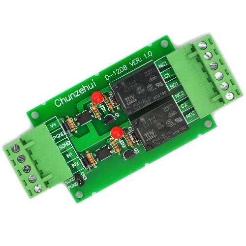 Chunzehui DC 5V Two Channel 10Amp Opto-Isolated Power Relay Module Board, Pluggable Terminal Block. for home control and industrial applications.