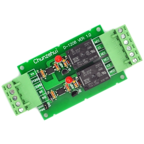 Chunzehui DC 24V Two Channel 10Amp Opto-Isolated Power Relay Module Board, Pluggable Terminal Block. for home control and industrial applications.