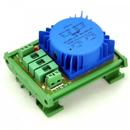 CZH P 115VAC, S 2x 18VAC, 15VA DIN Rail Mount Toroidal Power Transformer Module.