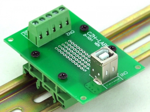 CZH-LABS USB Type B Female Vertical Jack Breakout Board, w/Simple DIN Rail Mount Feet.