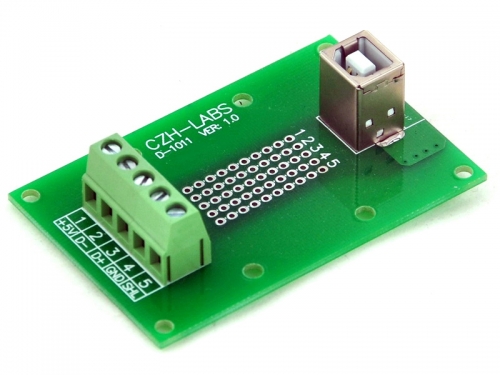 CZH-LABS USB Type B Female Vertical Jack Breakout Board, Terminal Block Connector.