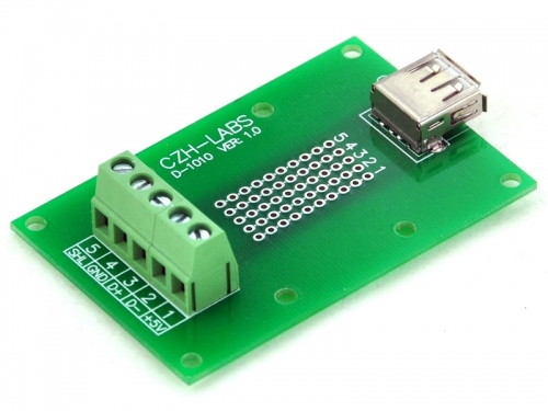 CZH-LABS USB Type A Female Right Angle Jack Breakout Board, Terminal Block Connector.