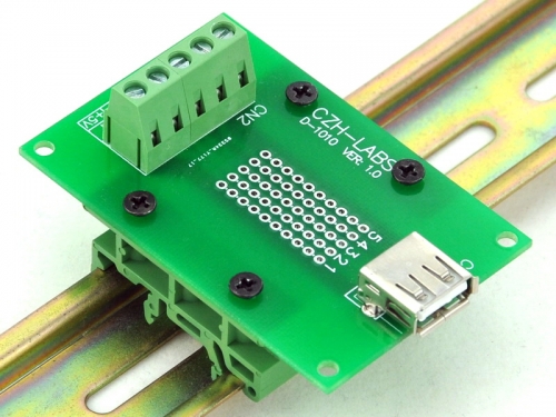 CZH-LABS USB Type A Female Right Angle Jack Breakout Board, w/Simple DIN Rail Mount Feet.