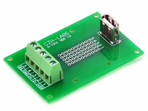 CZH-LABS USB Type A Female Vertical Jack Breakout Board, Terminal Block Connector.
