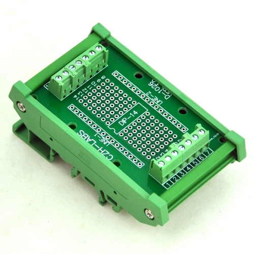 DIP-14 Component to Screw Terminal Adapter Board, w/HQ DIN Rail Mount Carrier.