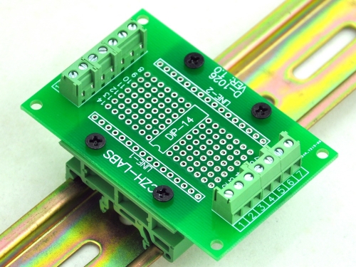 DIP-14 Component to Screw Terminal Adapter PCB, w/Simple DIN Rail Mount Bracket.