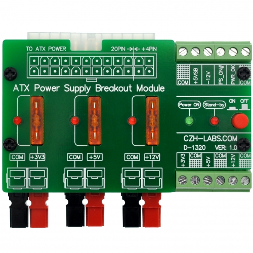 CZH-LABS 24/20-pin ATX DC Power Supply Breakout Board Module, with 30Amp Power Pole Output.