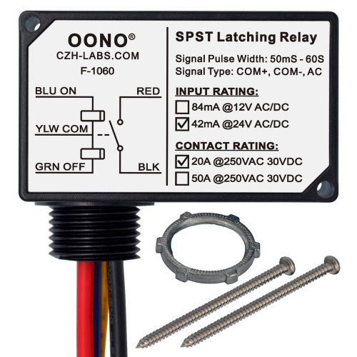 AC/DC 24V SPST Latching Relay Module, 20Amp 250Vac/30Vdc, Plastic Enclosure Wired, OONO F-1060