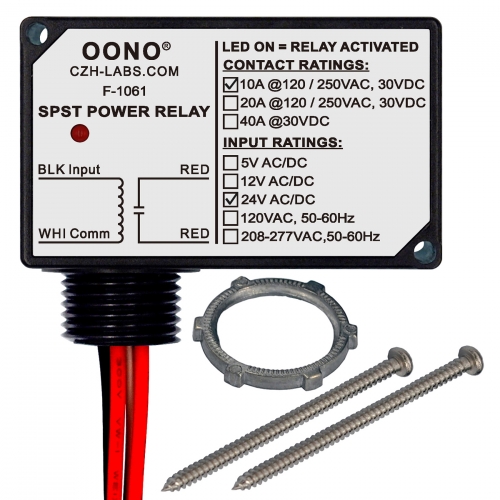 AC/DC 24V SPST Power Relay Module, 10Amp 250Vac/30Vdc, Plastic Enclosure and Pre-wired, OONO F-1061