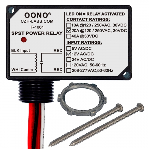 AC/DC 12V SPST Power Relay Module, 20Amp 250Vac/30Vdc, Plastic Enclosure and Pre-wired, OONO F-1061