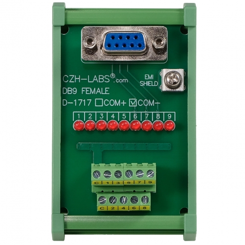 Female DB9 Interface Module, COM- with LEDs For Circuit Indication, DIN 41652/IEC60807 D-SUB Breakout Board Module, DIN Rail Mount