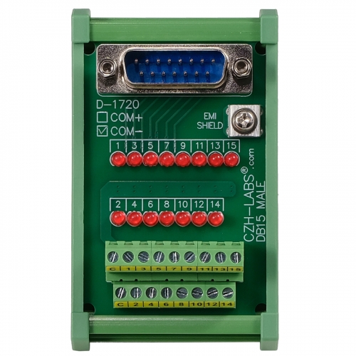 Male DB15 Interface Module, COM- with LEDs For Circuit Indication, DIN 41652/IEC60807 D-SUB Breakout Board Module, DIN Rail Mount Male DB15 Interface Module, COM- with LEDs For Circuit Indication, DIN 41652/IEC60807 D-SUB Breakout Board Module, DIN Rail Mount