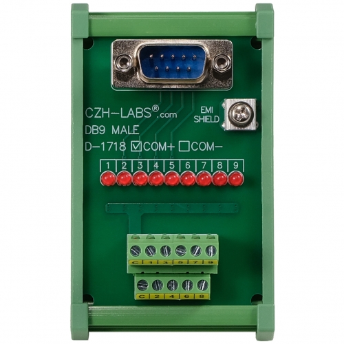 Male DB9 Interface Module, COM+ with LEDs For Circuit Indication, DIN 41652/IEC60807 D-SUB Breakout Board Module, DIN Rail Mount