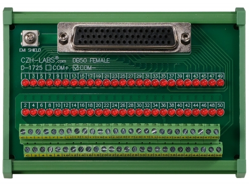 Female DB50 Interface Module, COM- with LEDs For Circuit Indication, DIN 41652/IEC60807 D-SUB Breakout Board Module, DIN Rail Mount