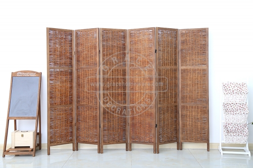 6Panels Rustic Wood Finished and Wicker Room Divider