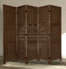 5 Panels Rustic Wood Finished and Wicker Room Divider