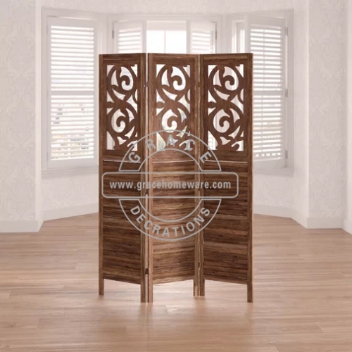 3Panels Rustic Wood Divider In Brown