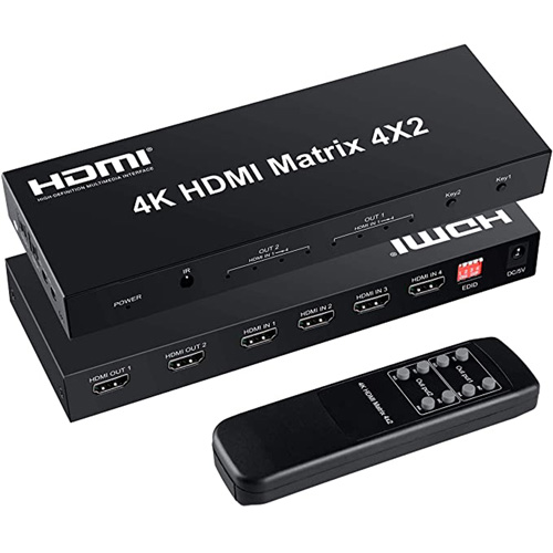 4x2 HDMI Matrix Switch,4 in 2 Out Matrix HDMI Video Switcher Splitter +Optical & L/R Audio Output,Support Ultra HD 4K x 2K,3D 1080P,Audio EDID Extractor with IR Remote Control &Power Adapter