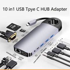 Adaptador USB C multipuerto de 10 en 1 de aluminio tipo C Adaptador 4K HDMI VGA USB 3,0 puertos TF/lector de tarjetas SD tipo C policía Gigabit Ethernet RJ45... Compatible con el MacBook Air/Pro más tipo C dispositivos