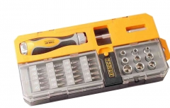 33pc 1/4" Dr Precision Ratchet Screwdriver & 4-12mm Socket Set:Torx Ph Hex Slot