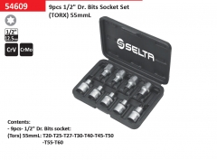 Selta Taiwan 9pc 1/2" Dr Cr-Mo Stubby 55mmL Impact Torx Star Socket Bits:T20-T60