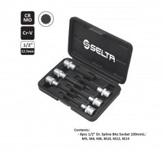 Selta Taiwan 6pc 1/2" Dr Cr-Mo 100mmL 12pt Spline Socket Bit Set M5-6-8-10-12-14