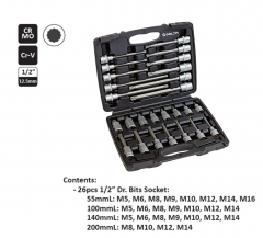 Selta Taiwan 26pc 1/2" Dr 12pt Cr-Mo Spline Socket Bits:M5-M16/55/100/140/200mmL