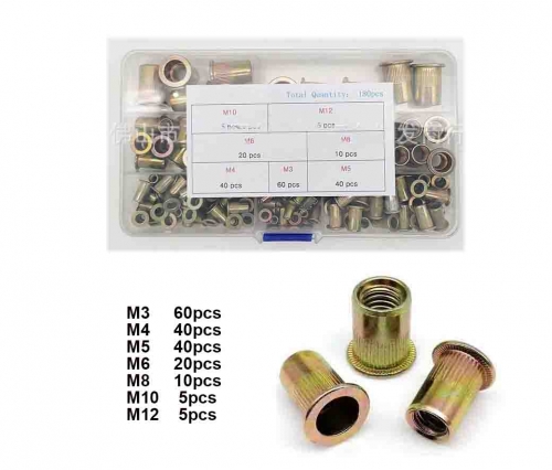 180pc M3-M12 Zinc Steel Rivet Nut Flat Head Thread Rivet Rivnut Insert Cap Assortment Kit