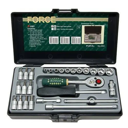 Force 2281-5 27pc 1/4" Dr. 6pt Flank Metric Socket & Accessories Set: Ratchet Handle, Socket, Extension, Hex Bits, etc.