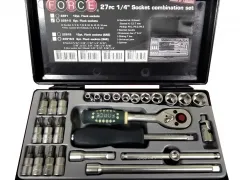 Force 2281-5 27pc 1/4" Dr. 6pt Flank Metric Socket & Accessories Set: Ratchet Handle, Socket, Extension, Hex Bits, etc.