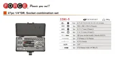 Force 2281-5 27pc 1/4" Dr. 6pt Flank Metric Socket & Accessories Set: Ratchet Handle, Socket, Extension, Hex Bits, etc.