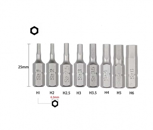 5pc-pack S2 Steel 6.25mmx25mmL Hex Allen Tamperproof (Center Hole) Bits:H1.5-H6mm Option