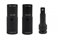 3pc Cr-Mo 1/2" Dr. Dual-End Impact Wheel Nut Socket Set 18.5/19.5/20.5/21.5 mm & 3" Extension Bar