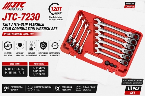 JTC-7230 120T 6PT Anti-Slip Flexible Gear Ratchet Wrench 10pcs Metric 8-19mm+3pc Adapters JTC-7230 120T 6PT Anti-Slip Flexible Gear Ratchet Wrench 10pcs Metric 8-19mm+3pc Adapters