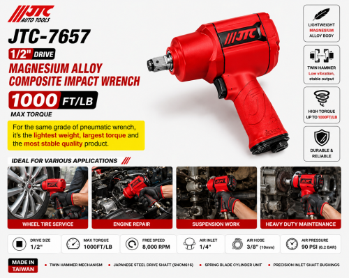JTC-7657 1/2" Drive Magnesium Alloy Composite Impact Wrench (1000FT/LB) JTC-7657 1/2" Drive Magnesium Alloy Composite Impact Wrench (1000FT/LB)