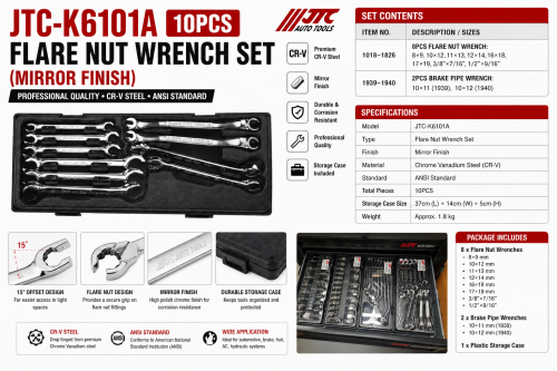 JTC-K6101A 10pc Flare Nut Wrench Set: 8-19mm, 3/8"× 7/16" 1/2"× 9/16" JTC-K6101A 10pc Flare Nut Wrench Set: 8-19mm, 3/8"× 7/16" 1/2"× 9/16"