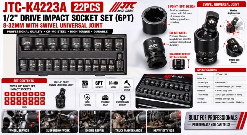 JTC-K4223A 8-32mm 22pc Cr-Mo 1/2" Drive Impact Socket Set with Swivel Universal Joint JTC-K4223A 8-32mm 22pc Cr-Mo 1/2" Drive Impact Socket Set with Swivel Universal Joint