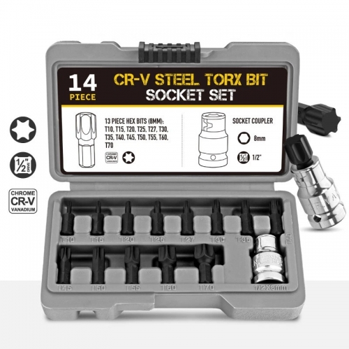 14pc Torx Star Key 1/2" Dr Socket Bits Set: T-10-15-20-25-27-30-35-40-45-50-55-60-70 14pc Torx Star Key 1/2" Dr Socket Bits Set: T-10-15-20-25-27-30-35-40-45-50-55-60-70