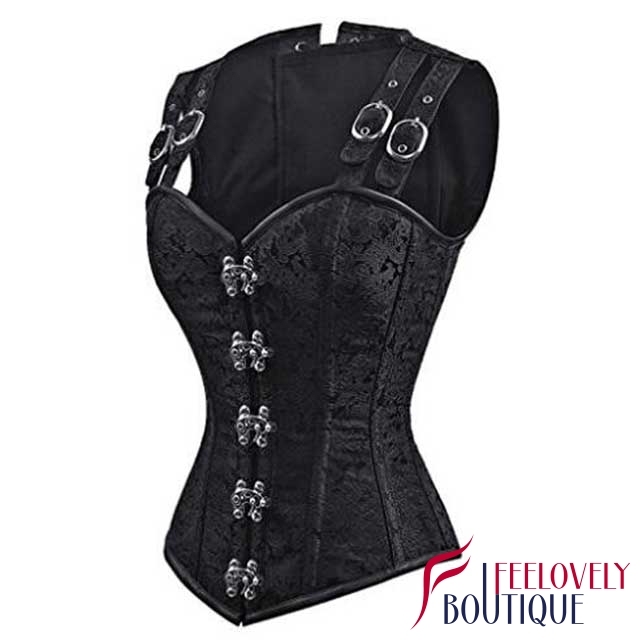 12 Steel Boned Gothic Double Buckle Straps Lace Up Corset