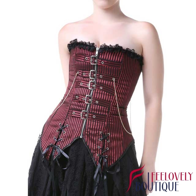 Zippered Striped Burlesque Corset Laced Overbust Corset