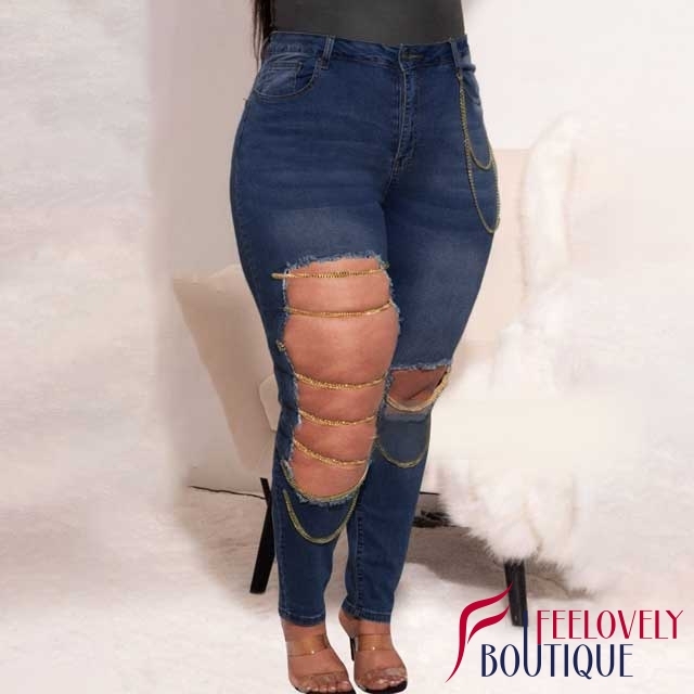 Plus Size Chain Hollow Out Jeans