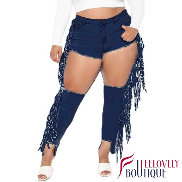 Plus Size Hollow Out Fringe Jeans