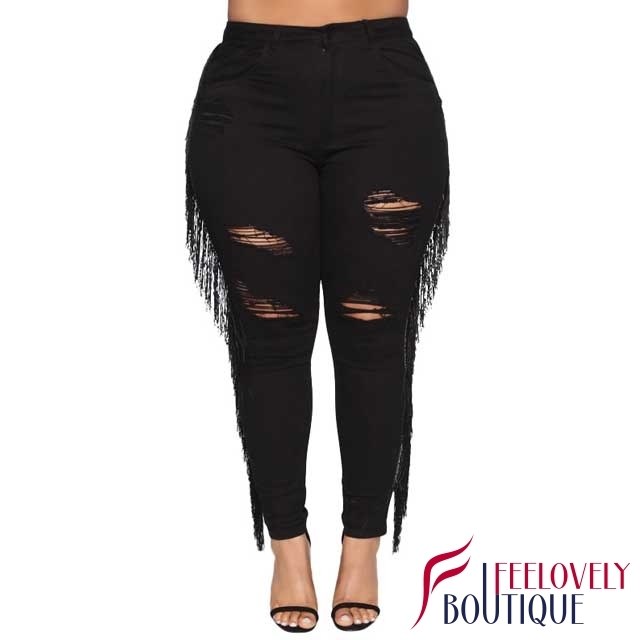 Plus Size Fringe Ripped Jeans