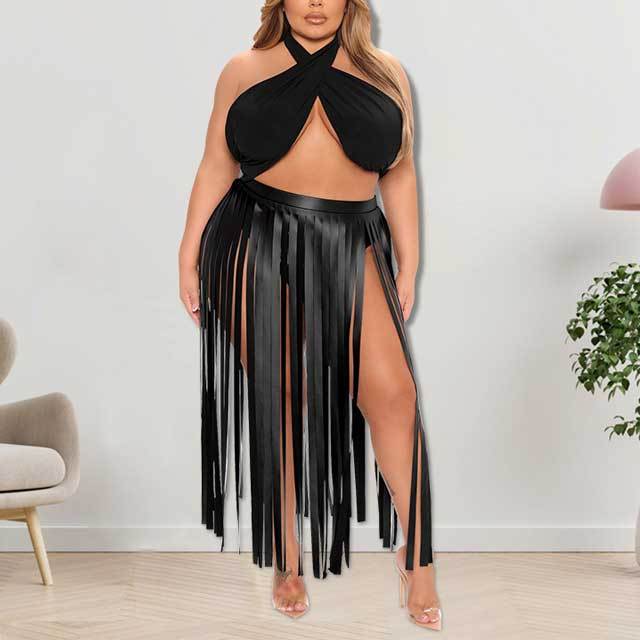 Plus Size Leather Fringe Beach Skirt Set