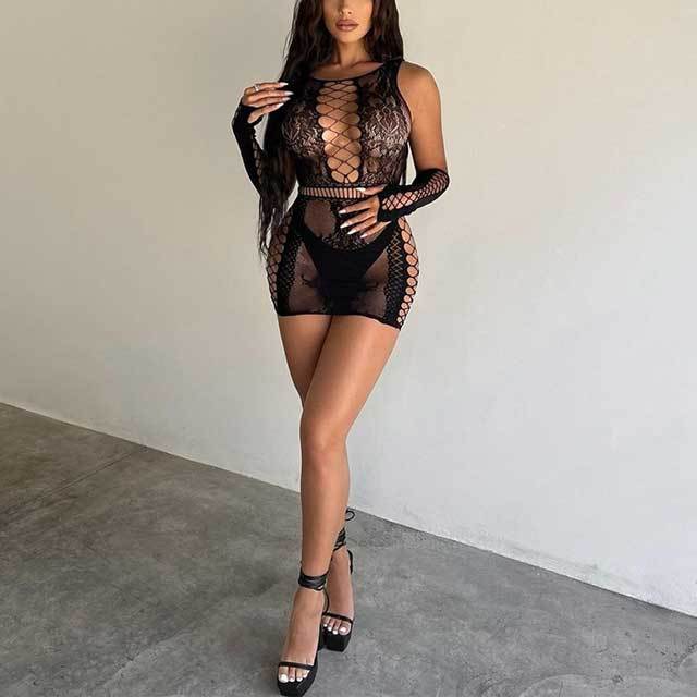 Hollow Out Gloves Lingerie Dress